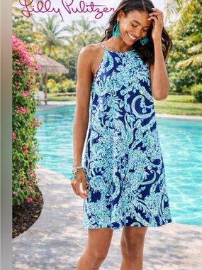 Lilly Pulitzer Navy Blue & Aqua Paisley Halter Shift Dress